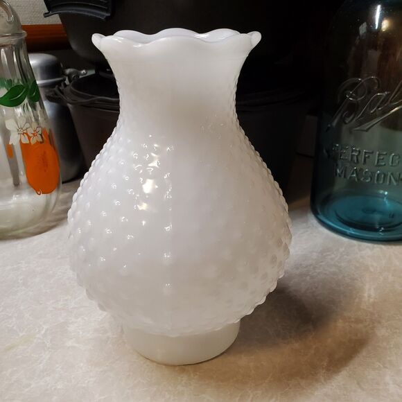 Vintage Milk Glass Hobnail Hurricane Light Globe Scalloped Edge - Picture 2 of 9